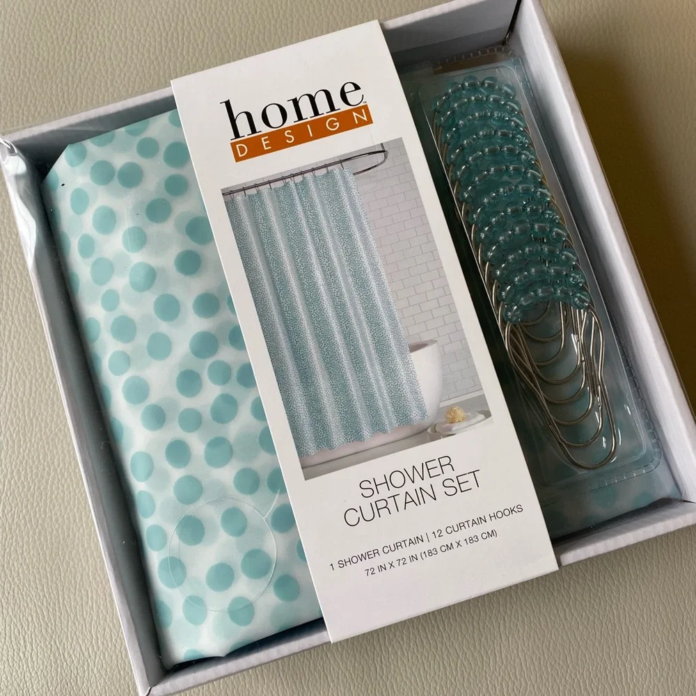 Polka dot shower curtain and hooks